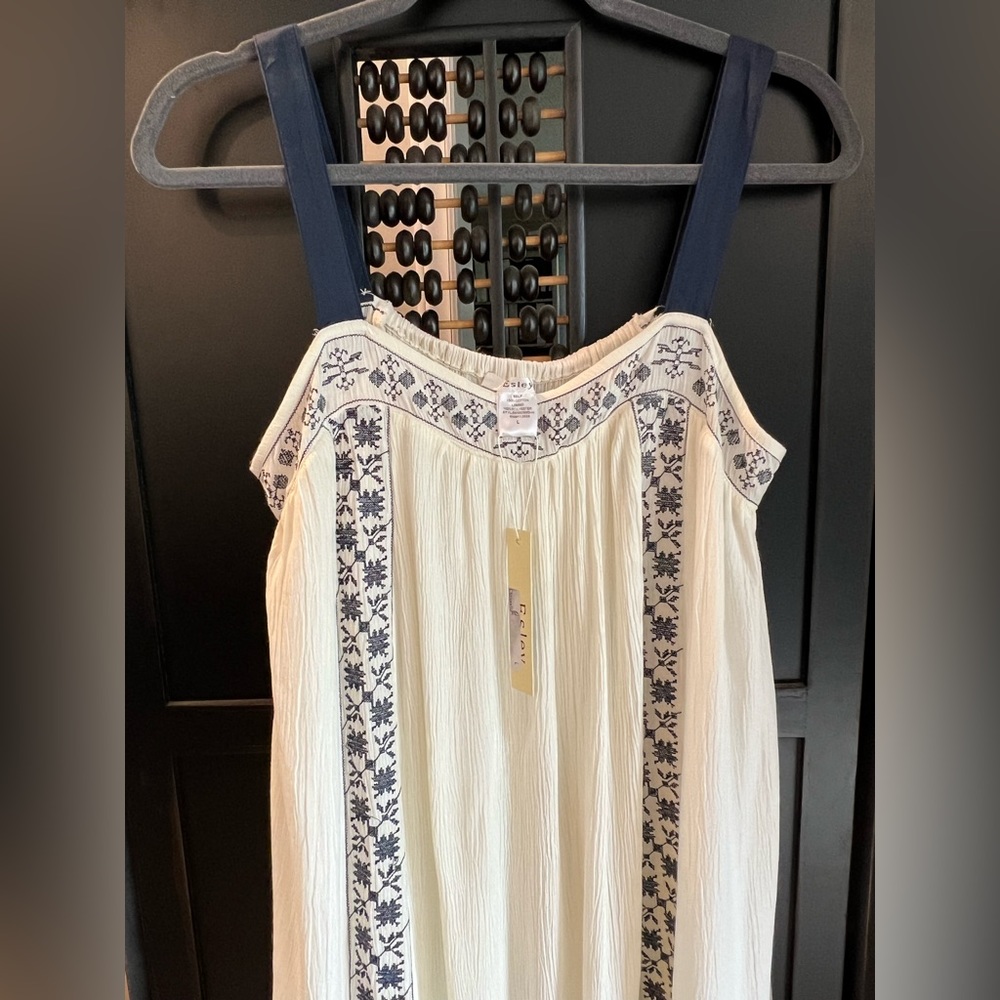NWT - Ivory ESLEY Sundress / Sleeveless, Navy Straps & Navy Embroidered Borders